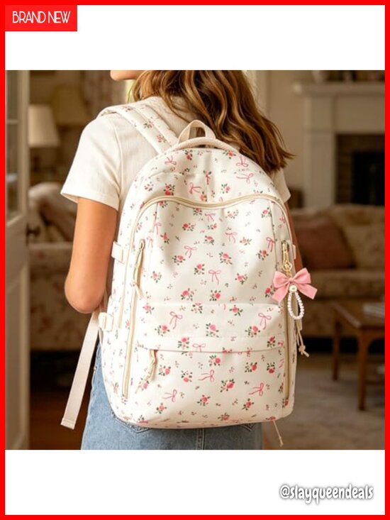Floral Bow Backpack for Women Lightweight Laptop Bookbag College Travel main image 5